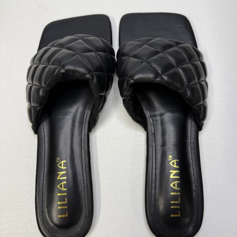 Liliana Black Quilted Puffy Square Toe Flat Slide Sandals Womens 7.5 modern